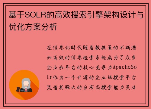 基于SOLR的高效搜索引擎架构设计与优化方案分析